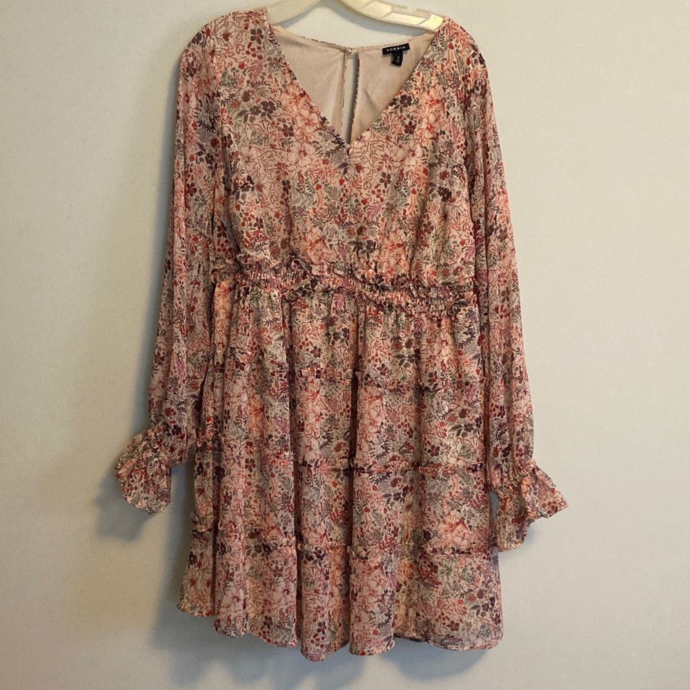 Torrid Floral Long Sleeve V-Neck Tiered Dress